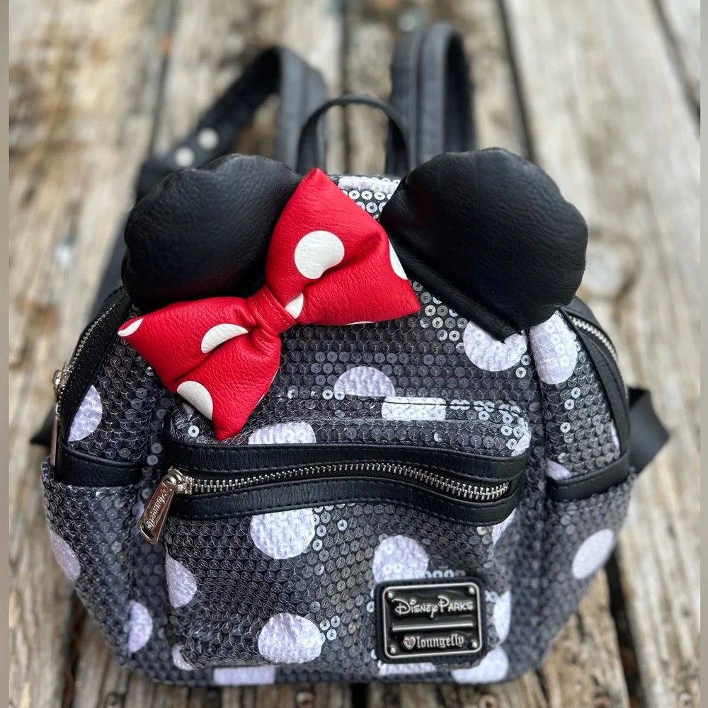 Disney Parks Loungefly Minnie Mouse Sequined Black White Polka Dot Mini Backpack - Picture 9 of 12